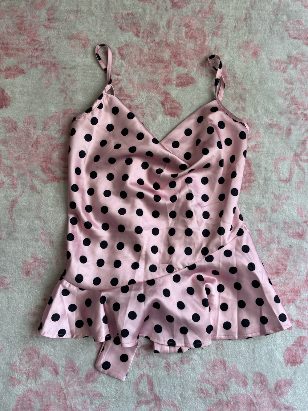 Pink satin-like polka dot cowl neck open back tank top